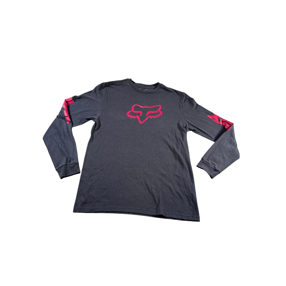 Fox Racing Mens Long Sleeve Graphic T-Shirt Gray Red Logo Size Medium MD